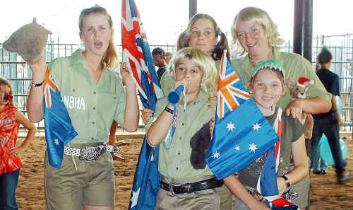 Tamika and Jayden Anderson (middle) dress up like Bindi and Bob Irwin during a break in competition at the NBHA World Youth Championships in America. Tamika and Jayden Anderson (middle) dress up like Bindi and Bob Irwin during a break in competition at the NBHA World Youth Championships in America.